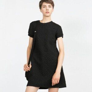 ZARA Floral Jacquard Embossed Mini Dress Soft Knit Black Sz M